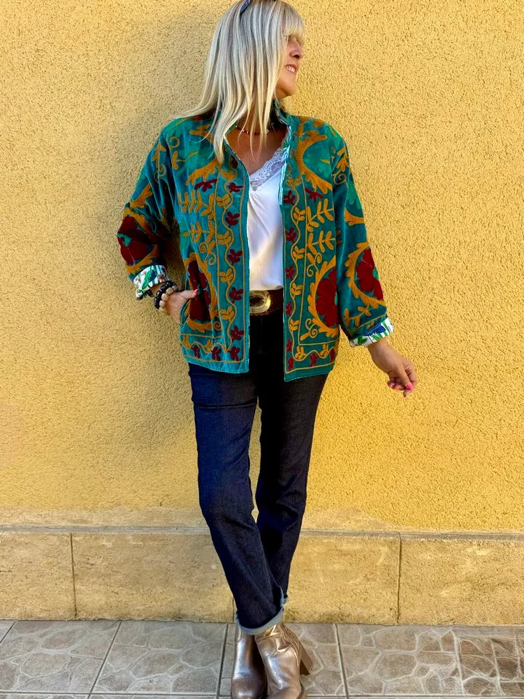 Veste Boho en velours brodé bleu canard