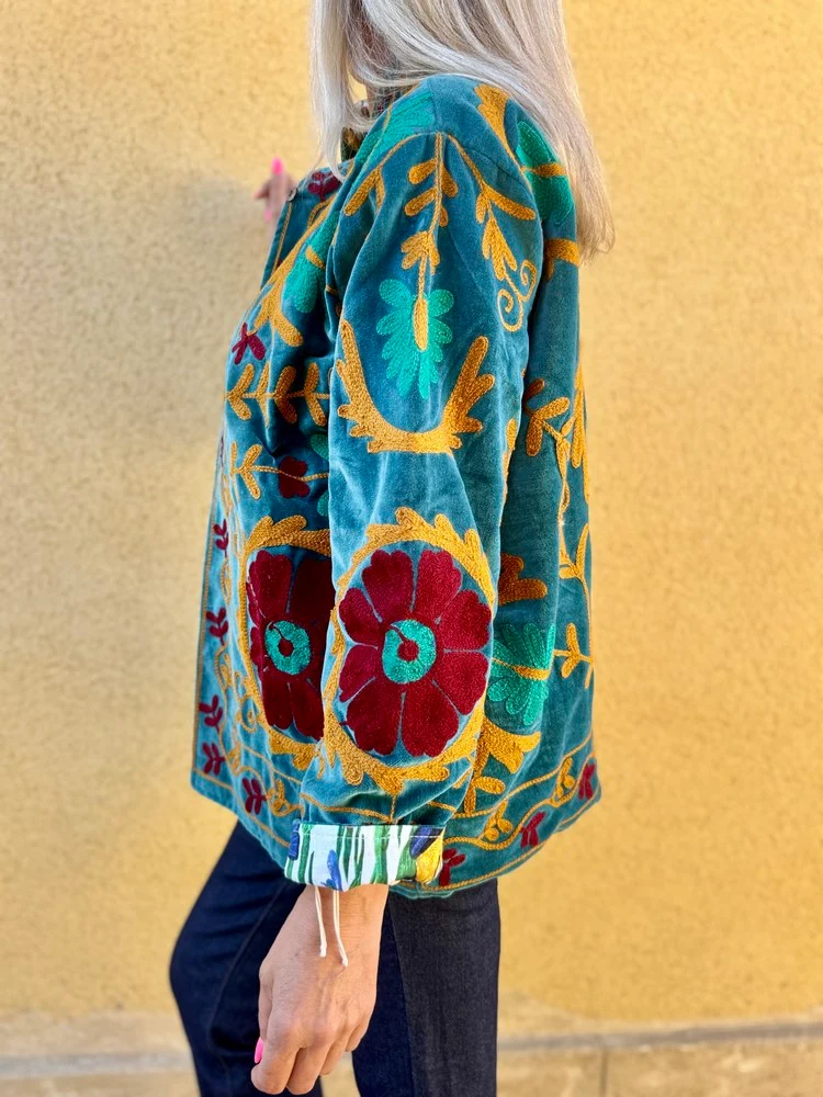 Veste Boho en velours brodé bleu canard