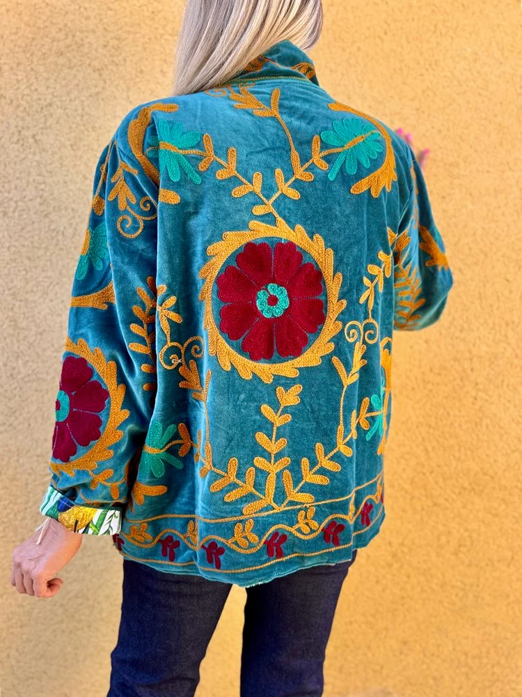 Veste Boho en velours brodé bleu canard