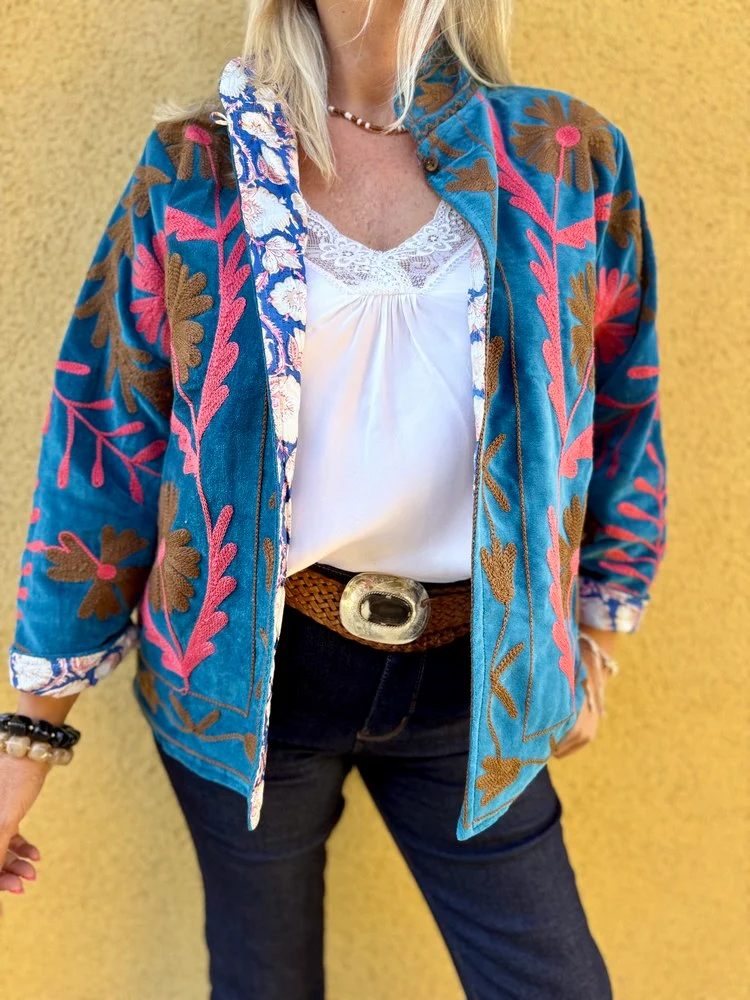 Veste Boho en velours brodé bleu pétrole