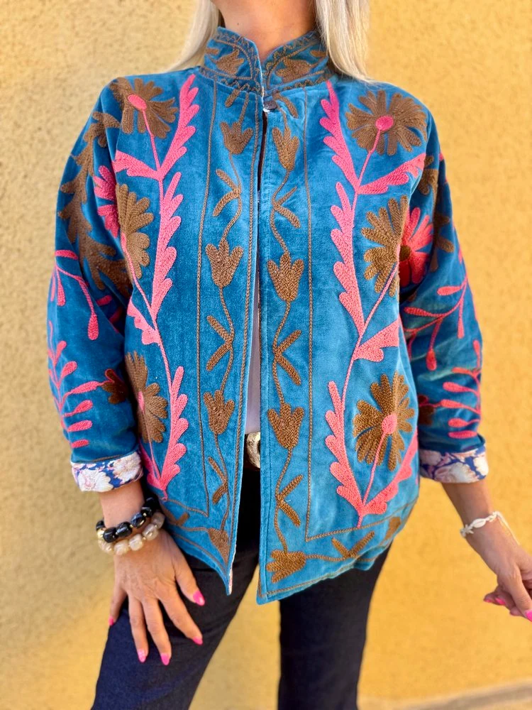 Veste Boho en velours brodé bleu pétrole