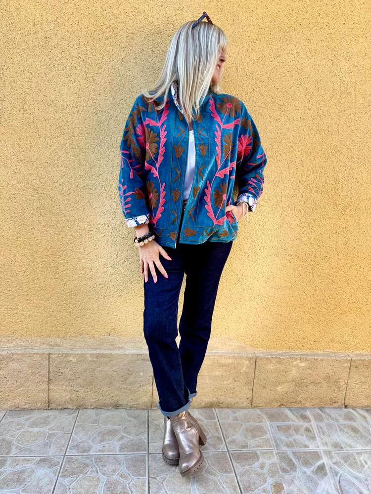 Veste Boho en velours brodé bleu pétrole