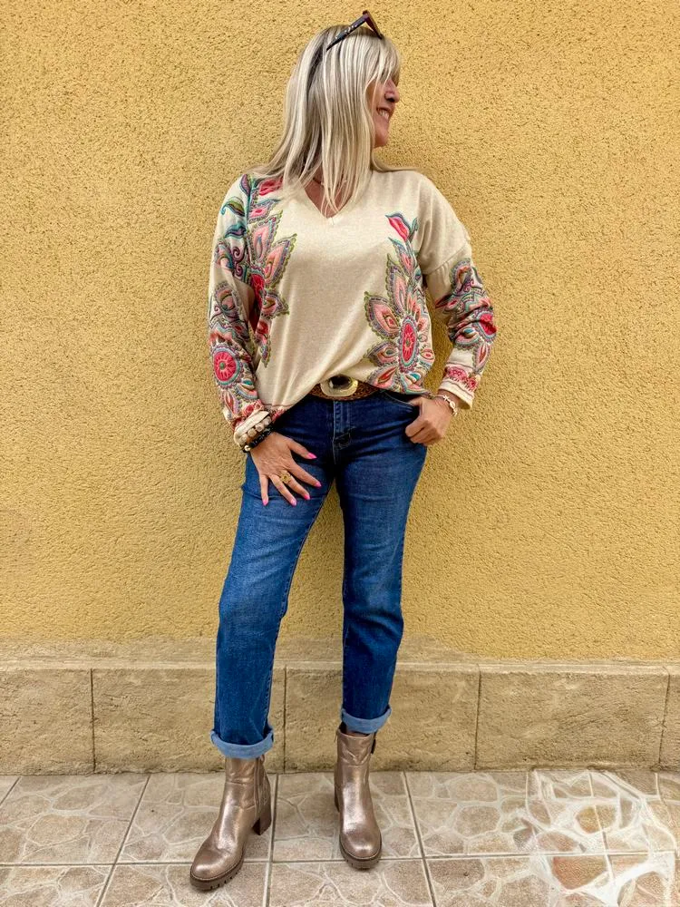 Pull fin brillant Enzo fleurs roses