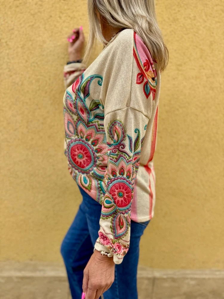 Pull fin brillant Enzo fleurs roses