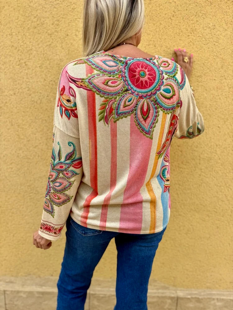 Pull fin brillant Enzo fleurs roses