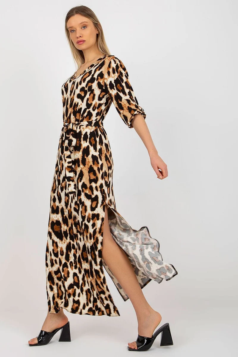 Robe longue fendue imprimé léopard