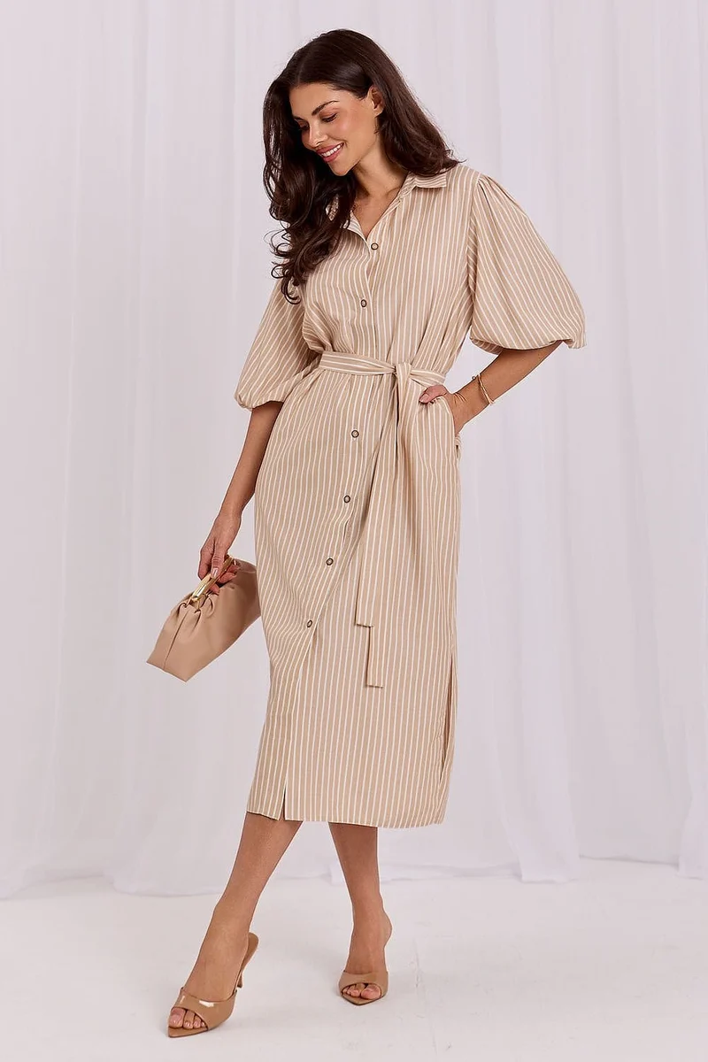 Robe chemise midi à rayures ceinturée