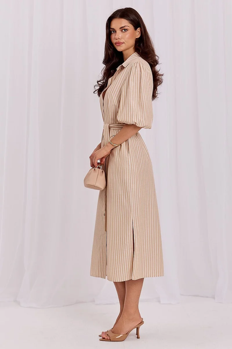Robe chemise midi à rayures ceinturée