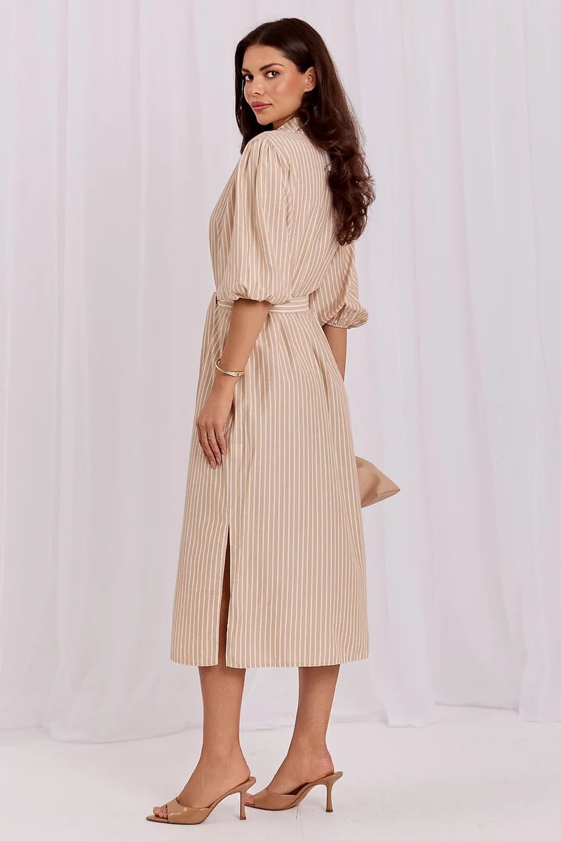 Robe chemise midi à rayures ceinturée