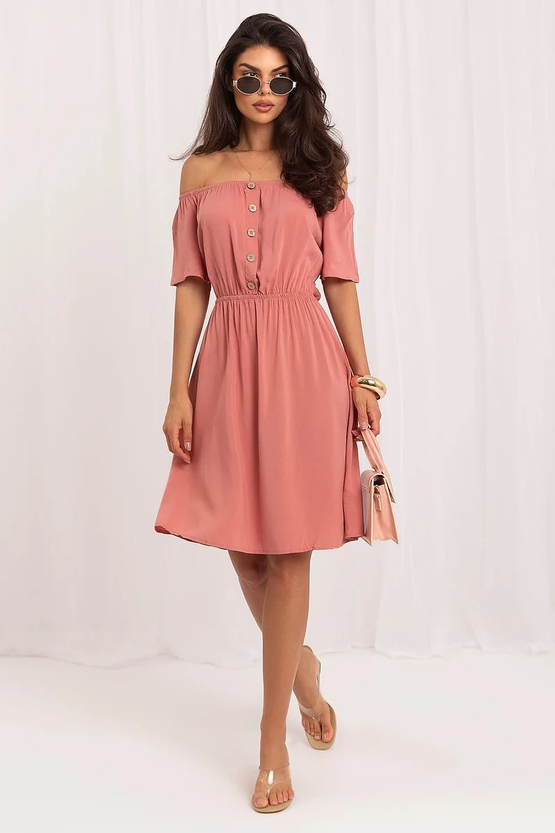 Robe été courte épaules dénudées rose poudre