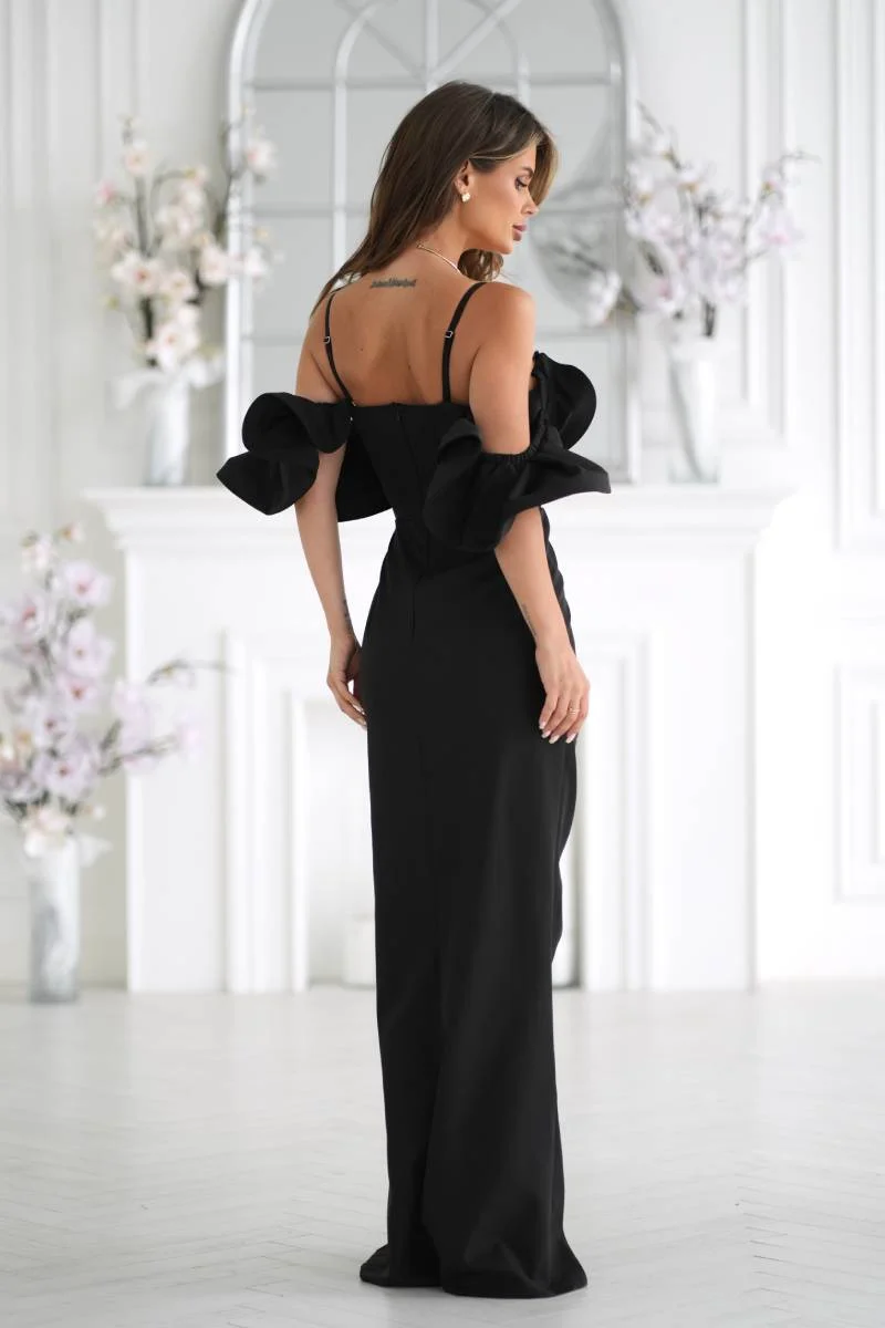 Robe de soirée longue noire fendue bretelles amovibles