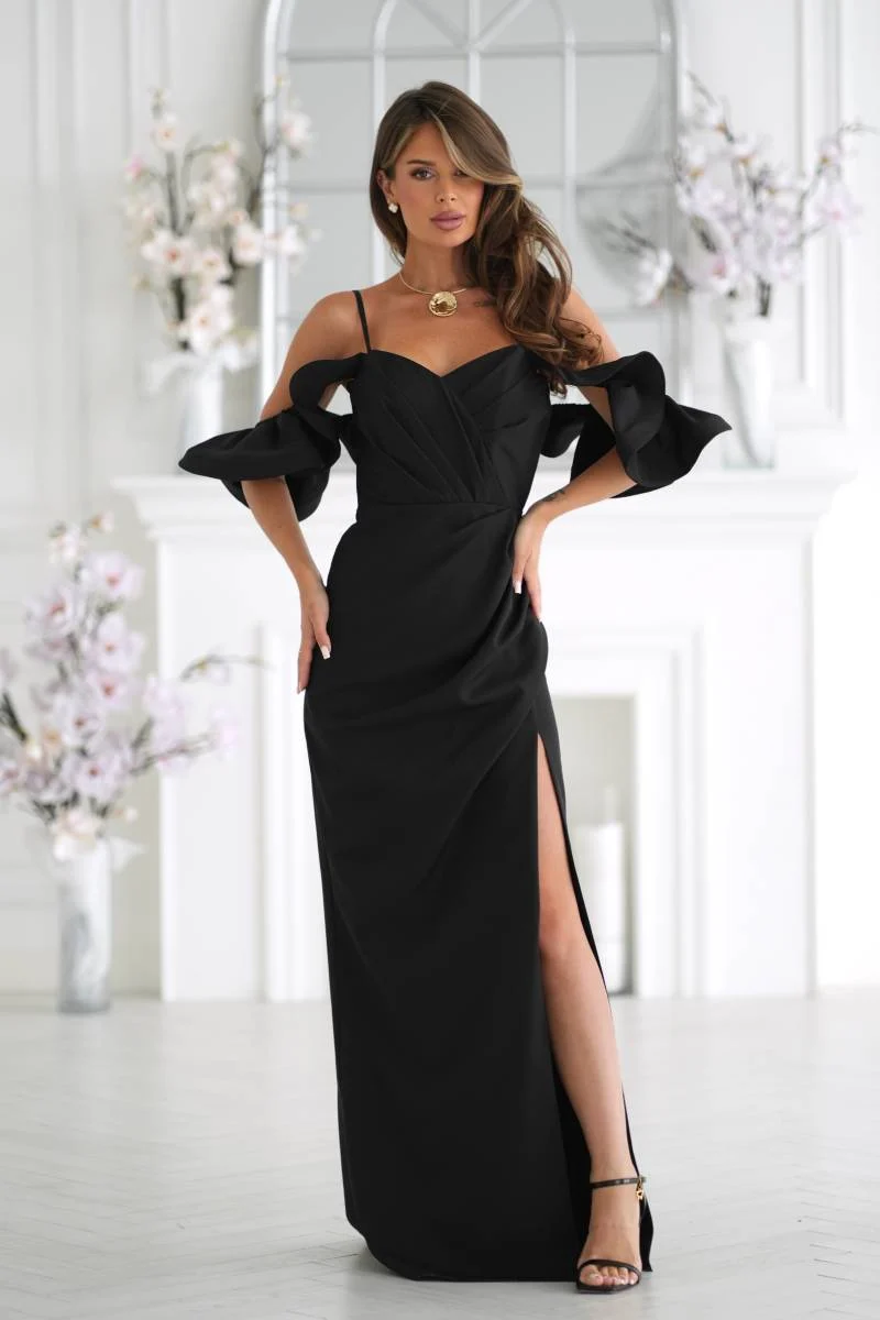 Robe de soirée longue noire fendue bretelles amovibles