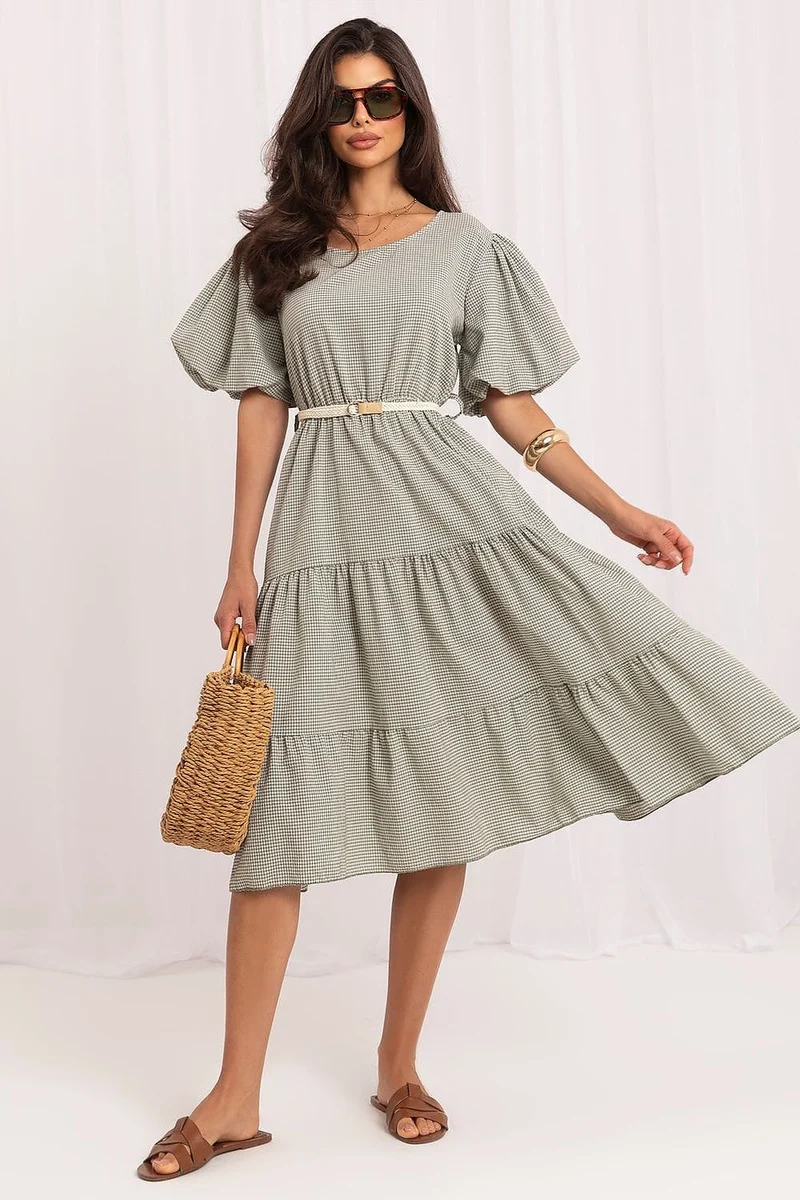 Robe bohème verte manches courtes à carreaux