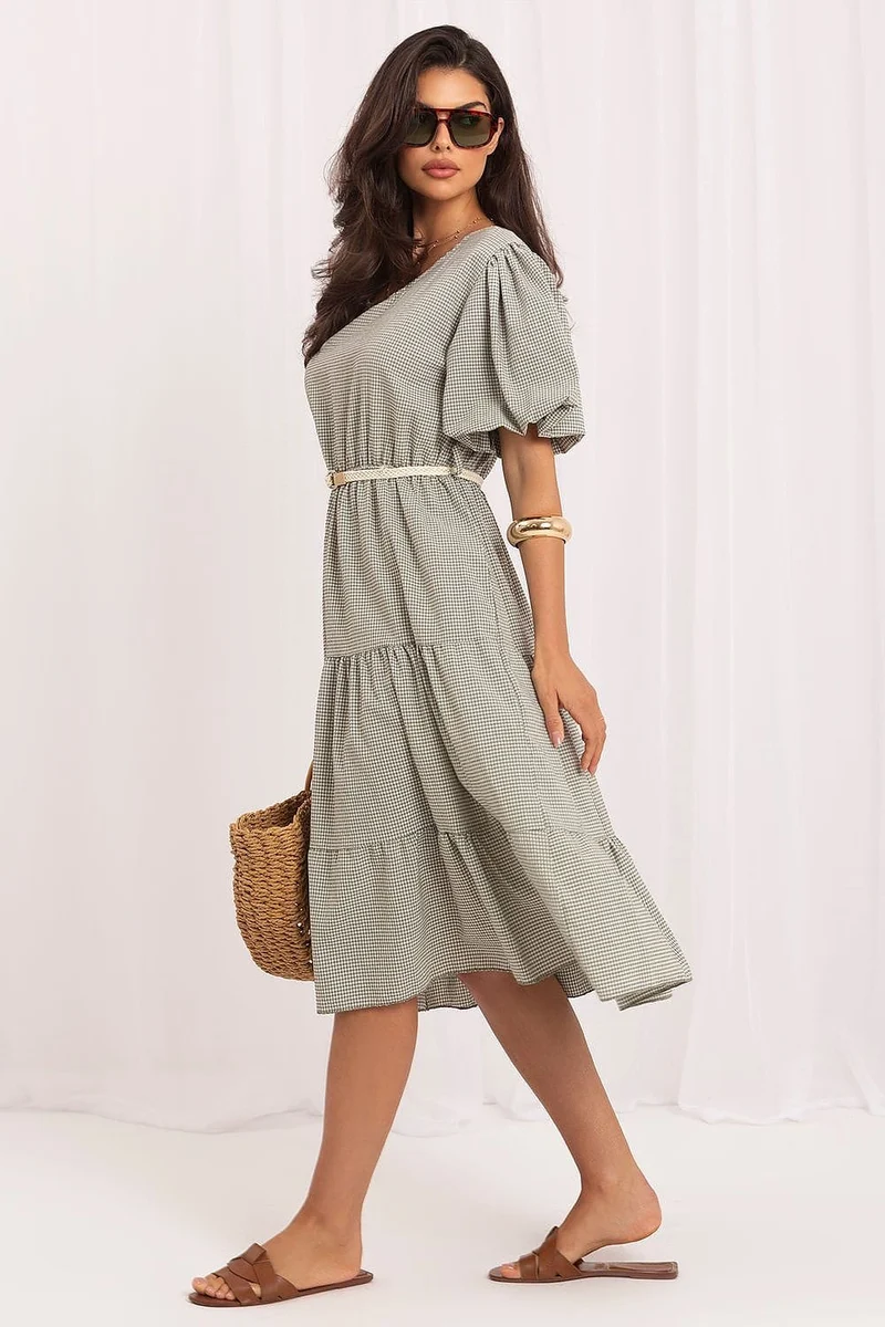 Robe bohème verte manches courtes à carreaux