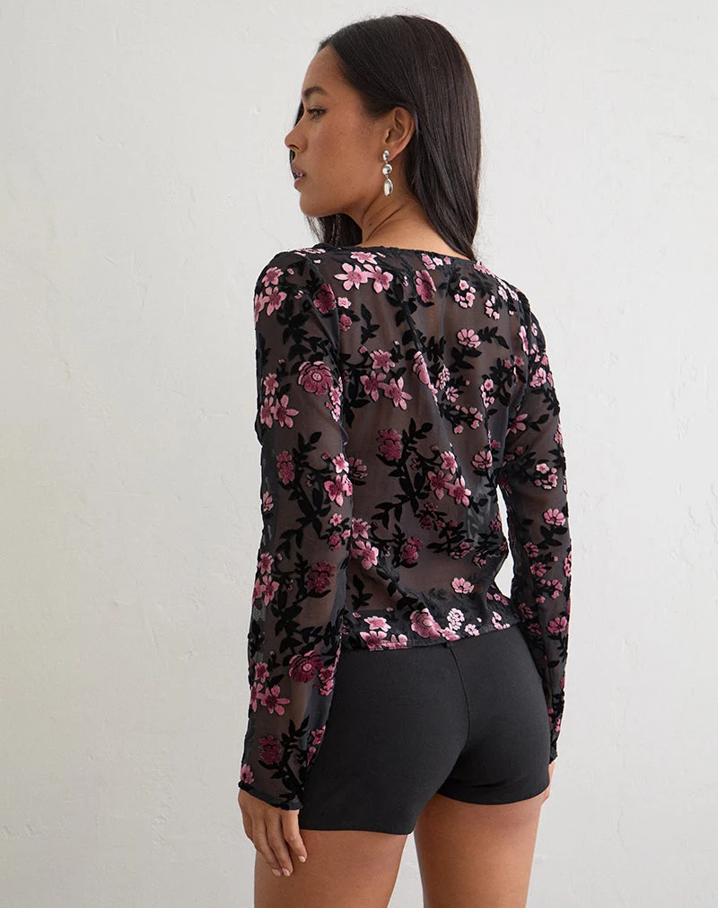 Cardigan Sukuri, motif floral dévoré, noir