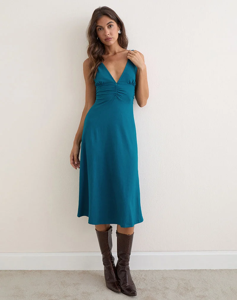 Robe mi-longue à volants Nunzia en jersey de rayonne, bleu sarcelle foncé
