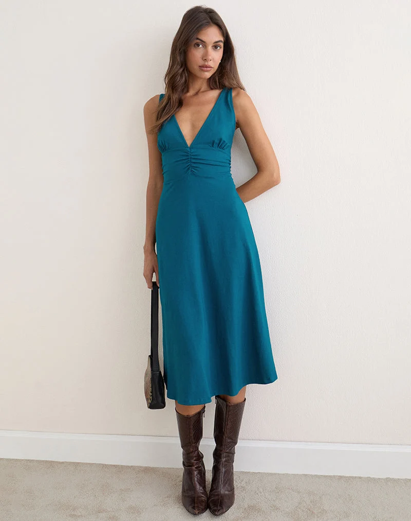 Robe mi-longue à volants Nunzia en jersey de rayonne, bleu sarcelle foncé