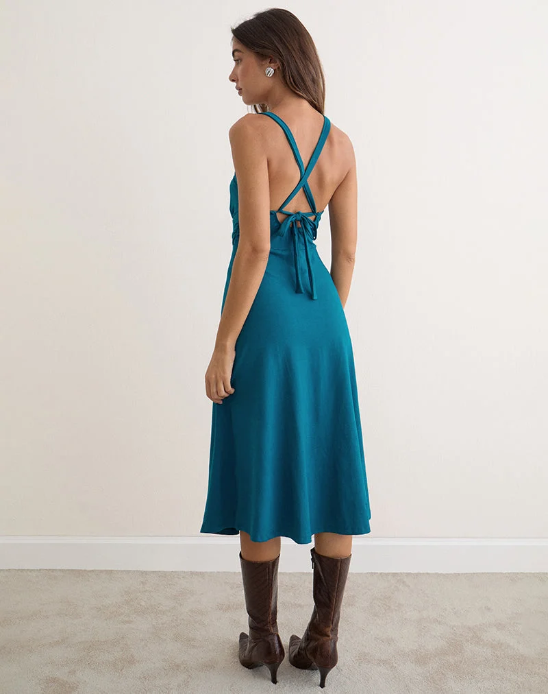 Robe mi-longue à volants Nunzia en jersey de rayonne, bleu sarcelle foncé