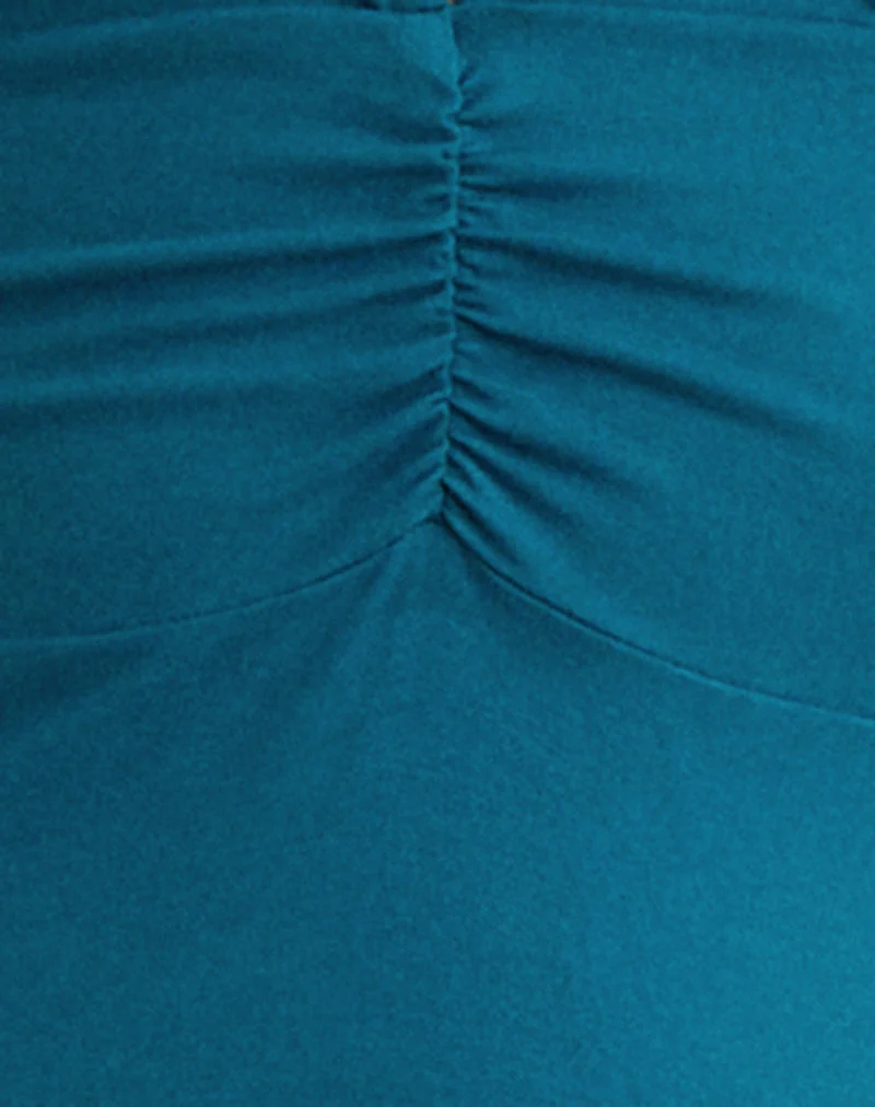 Robe mi-longue à volants Nunzia en jersey de rayonne, bleu sarcelle foncé