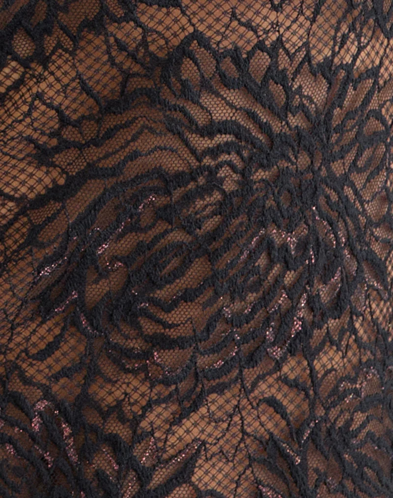 Haut noir à manches longues et col en V, en dentelle noire