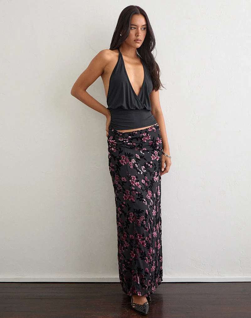 Jupe longue Nirbana, motif floral dévoré, noir