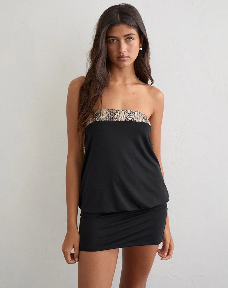 Mini-robe Megan en cupro noir avec bordure serpent en paillettes