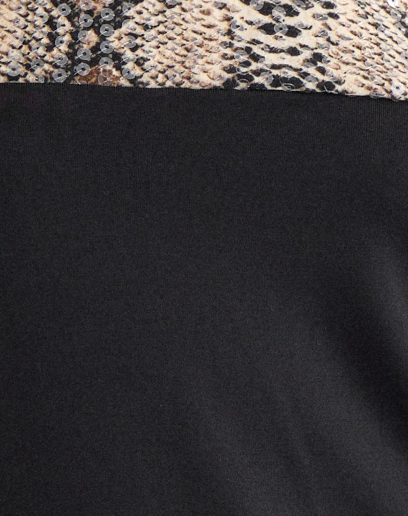 Mini-robe Megan en cupro noir avec bordure serpent en paillettes