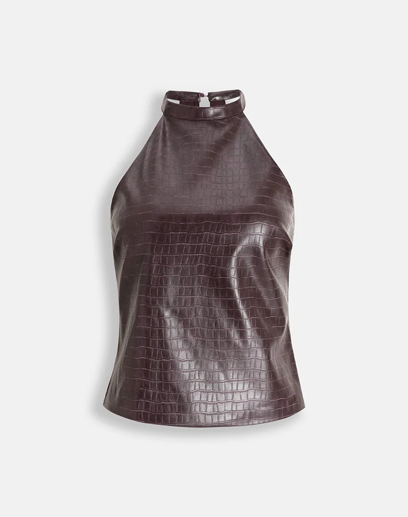 Haut à col montant Tali en PU imitation croco, couleur aubergine
