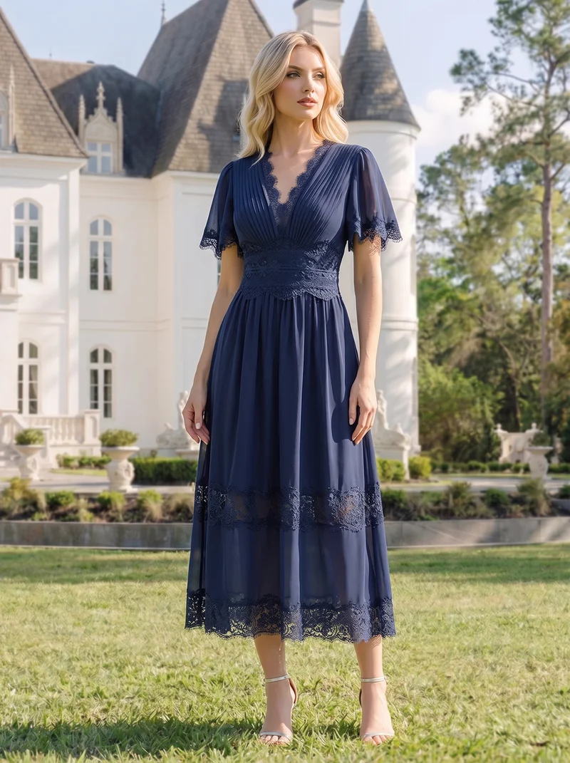 Robe midi en dentelle ajourée à col en V
