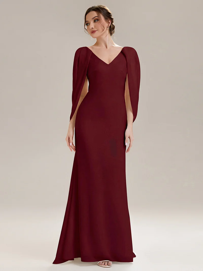 Robe sirène sans bretelles en stretch haut avec décolleté en V profond et manches cape