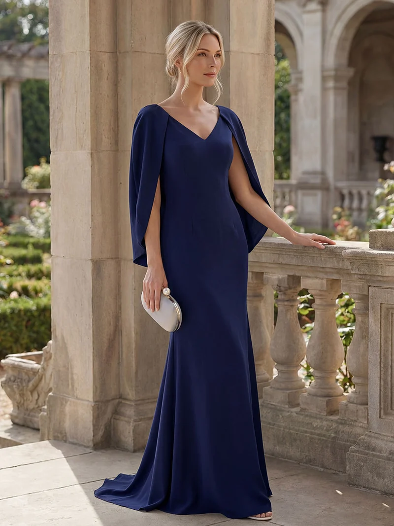 Robe sirène sans bretelles en stretch haut avec décolleté en V profond et manches cape