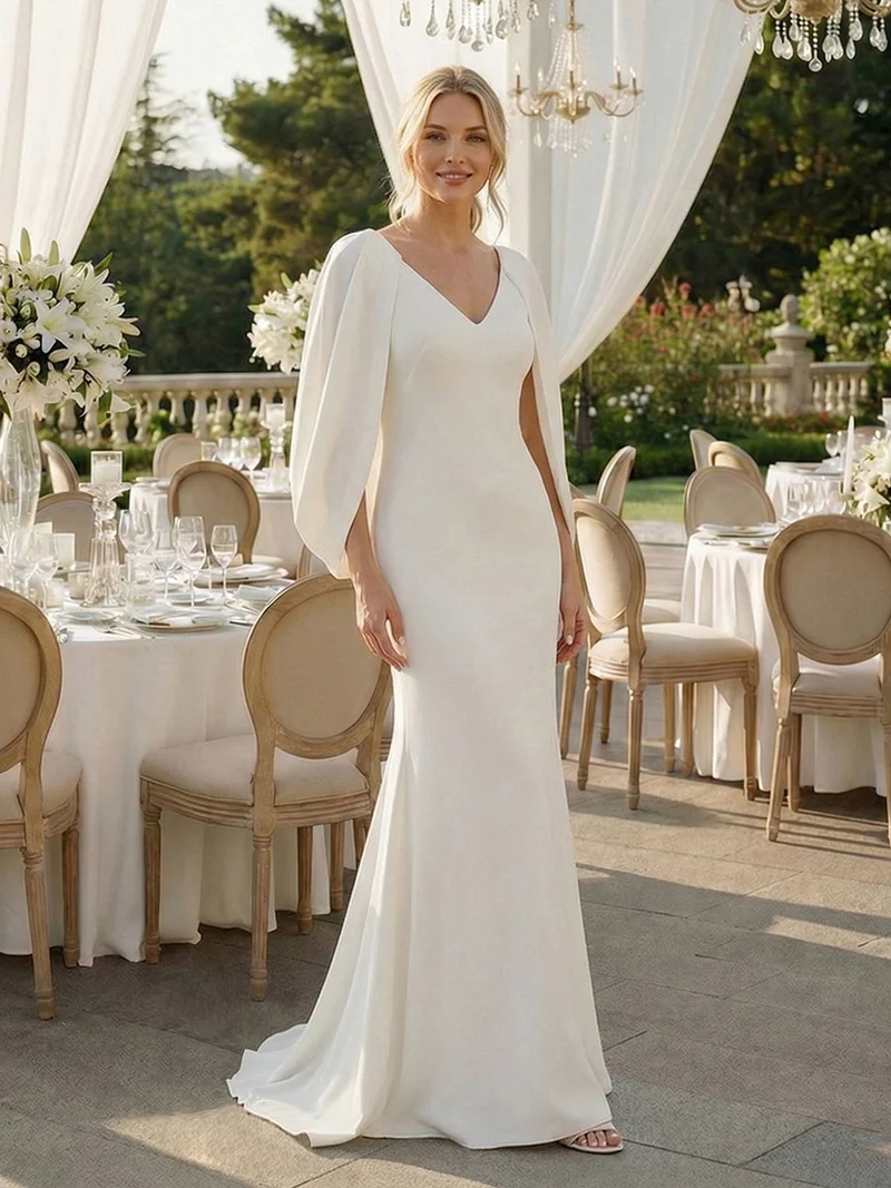 Robe sirène sans bretelles en stretch haut avec décolleté en V profond et manches cape