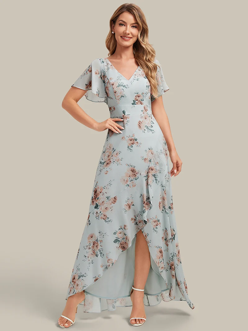Robe fleurie asymétrique pour demoiselle d'honneur à col V et manches volantées