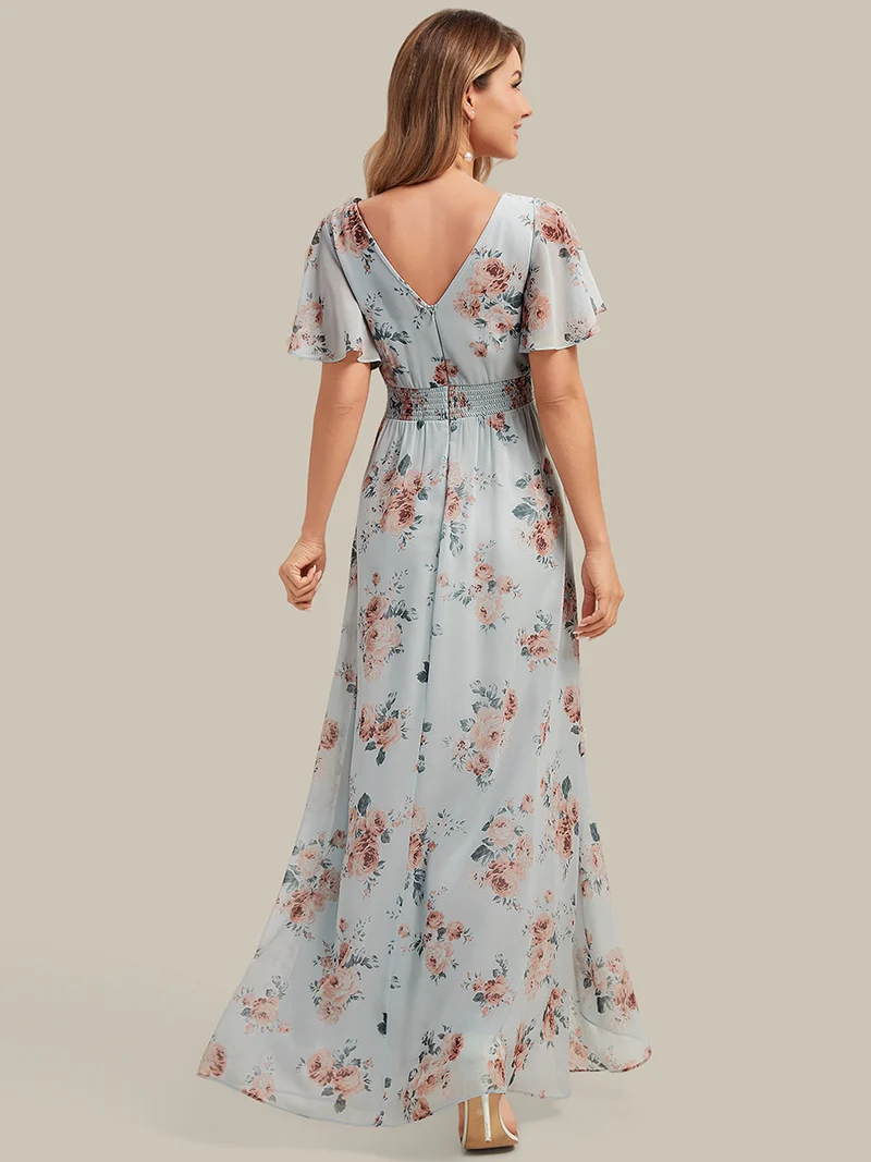 Robe fleurie asymétrique pour demoiselle d'honneur à col V et manches volantées