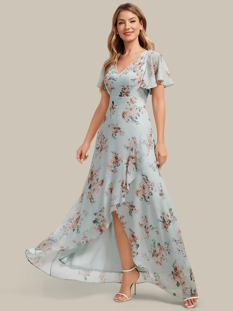 Robe fleurie asymétrique pour demoiselle d'honneur à col V et manches volantées