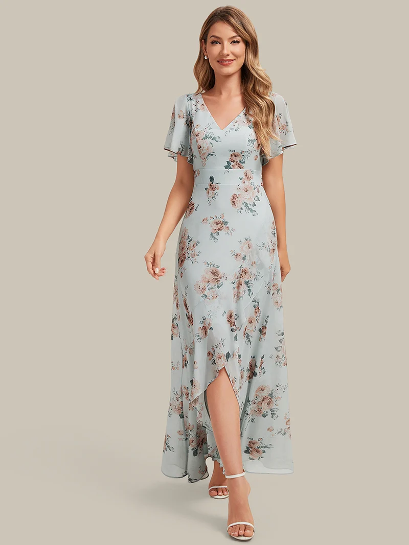 Robe fleurie asymétrique pour demoiselle d'honneur à col V et manches volantées