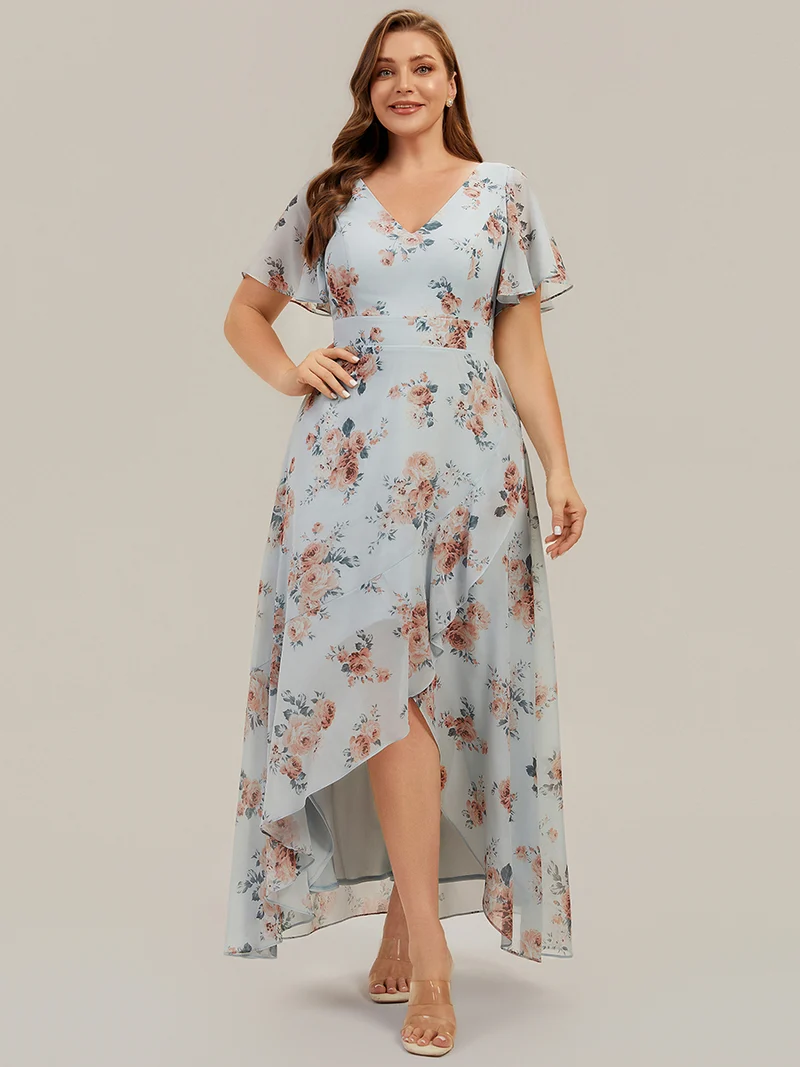 Robe fleurie asymétrique pour demoiselle d'honneur à col V et manches volantées