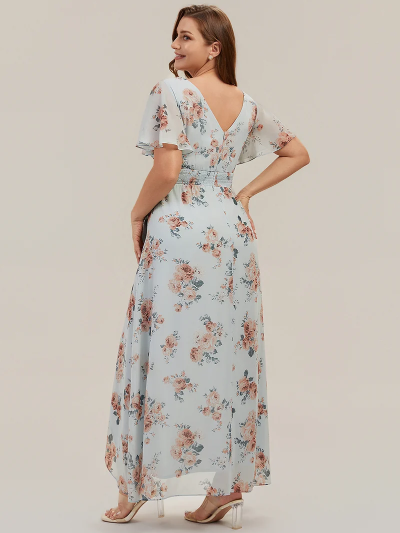 Robe fleurie asymétrique pour demoiselle d'honneur à col V et manches volantées