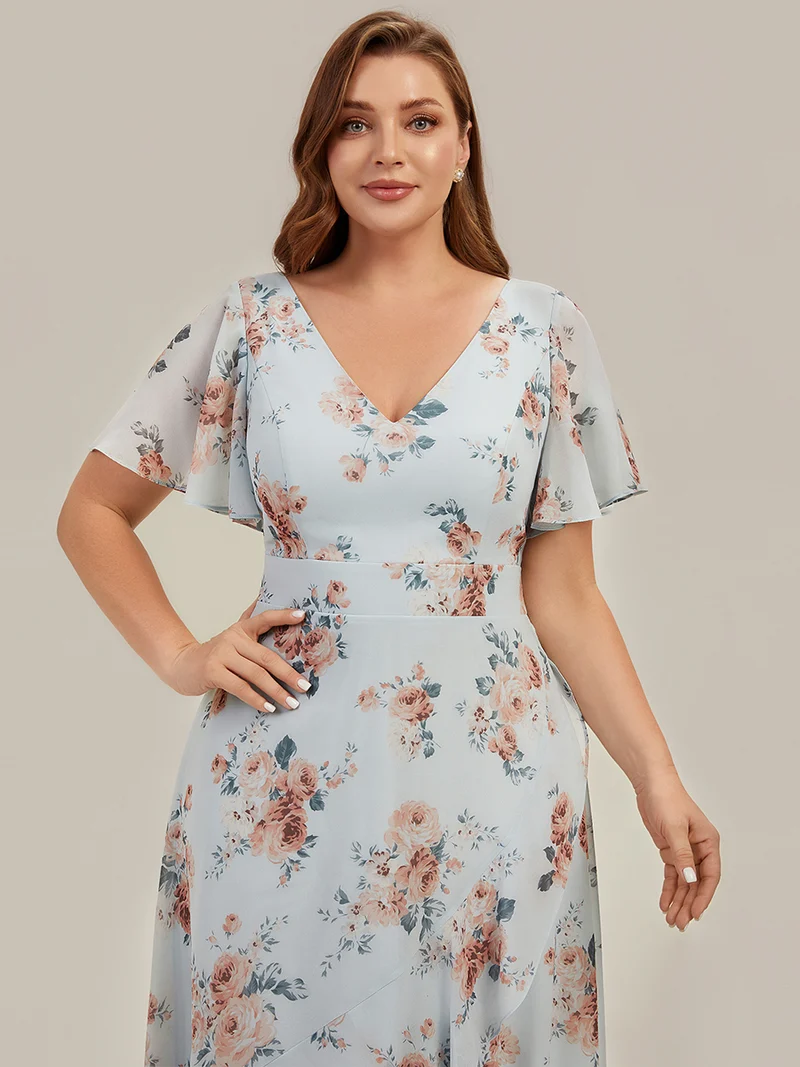 Robe fleurie asymétrique pour demoiselle d'honneur à col V et manches volantées