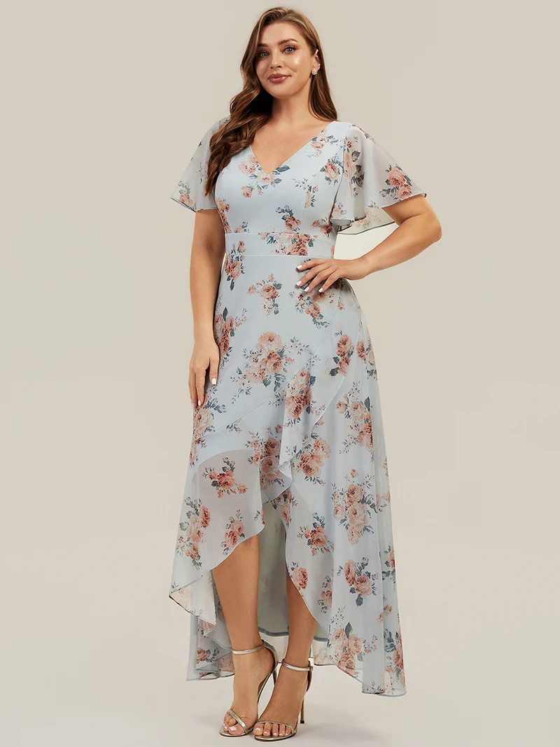 Robe fleurie asymétrique pour demoiselle d'honneur à col V et manches volantées