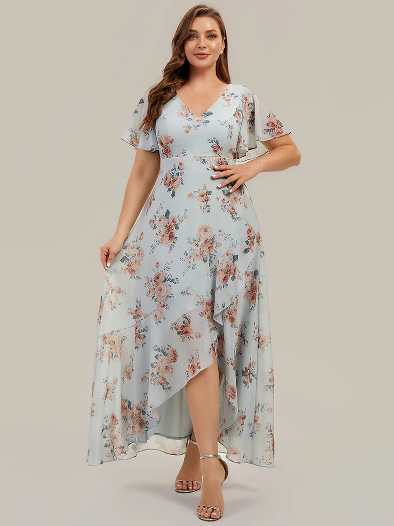 Robe fleurie asymétrique pour demoiselle d'honneur à col V et manches volantées