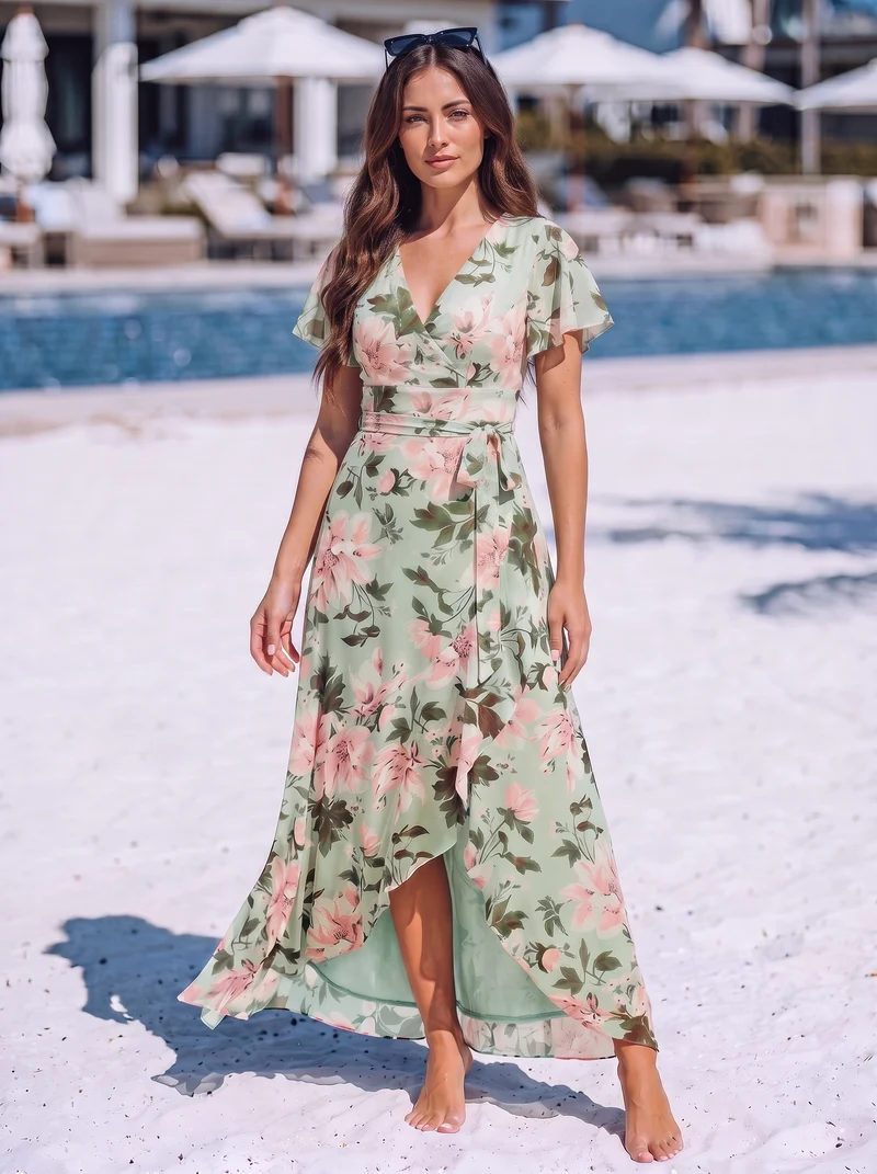 Robe fleurie asymétrique pour demoiselle d'honneur à col V et manches volantées