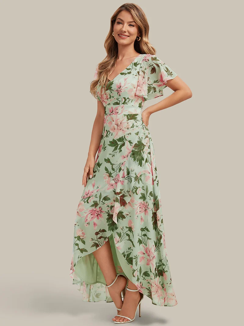 Robe fleurie asymétrique pour demoiselle d'honneur à col V et manches volantées