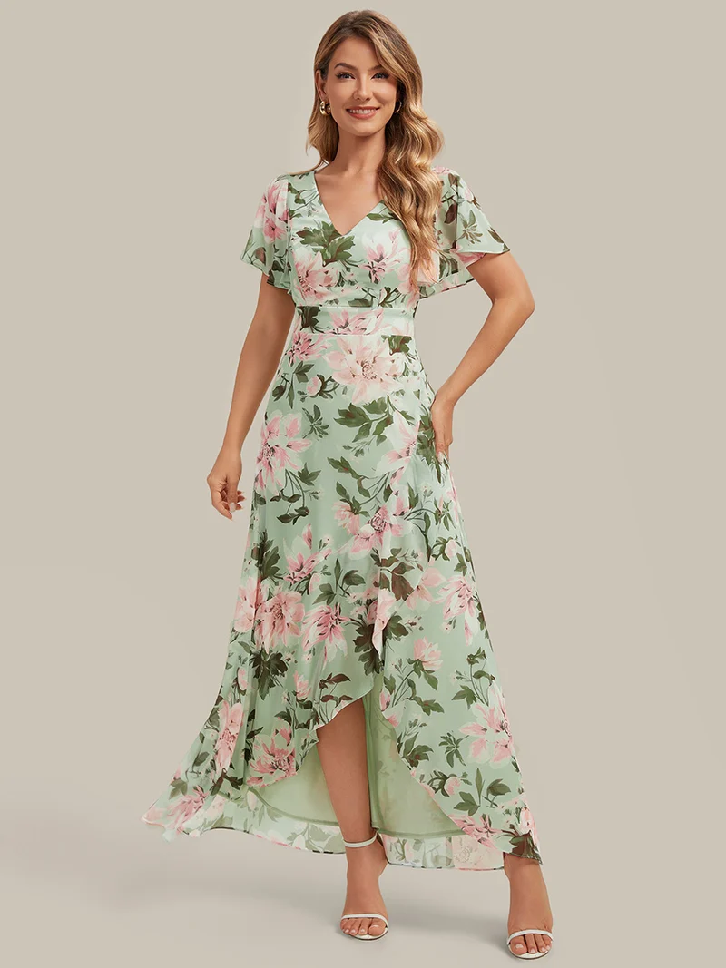 Robe fleurie asymétrique pour demoiselle d'honneur à col V et manches volantées