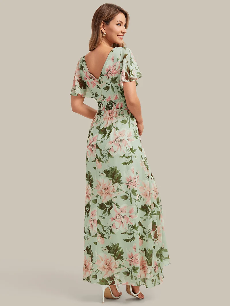 Robe fleurie asymétrique pour demoiselle d'honneur à col V et manches volantées