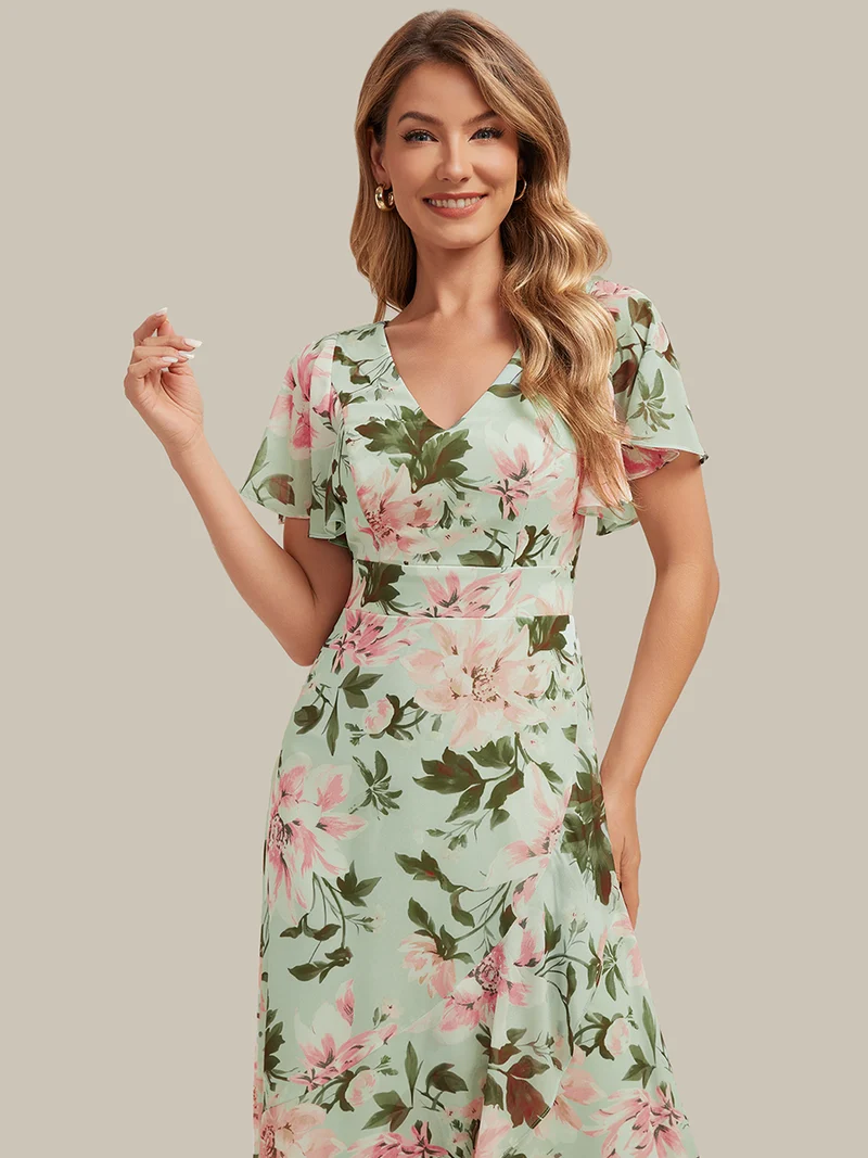 Robe fleurie asymétrique pour demoiselle d'honneur à col V et manches volantées