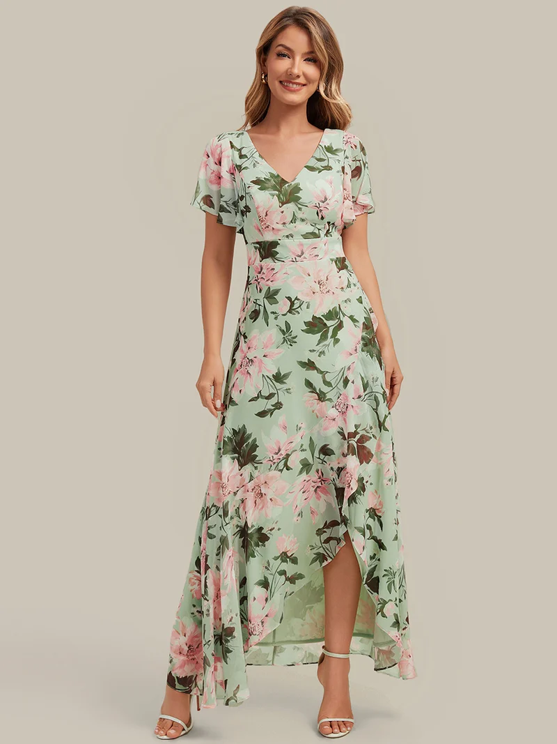 Robe fleurie asymétrique pour demoiselle d'honneur à col V et manches volantées