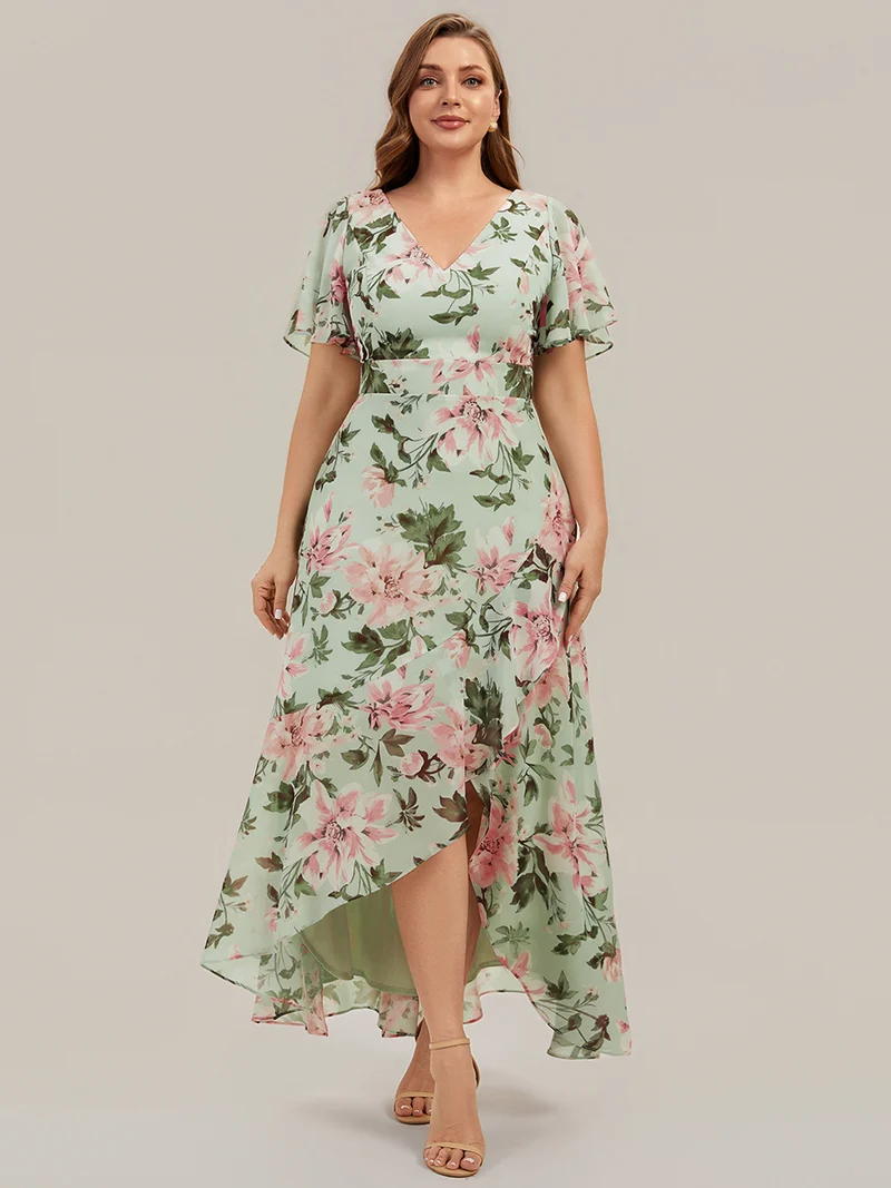 Robe fleurie asymétrique pour demoiselle d'honneur à col V et manches volantées
