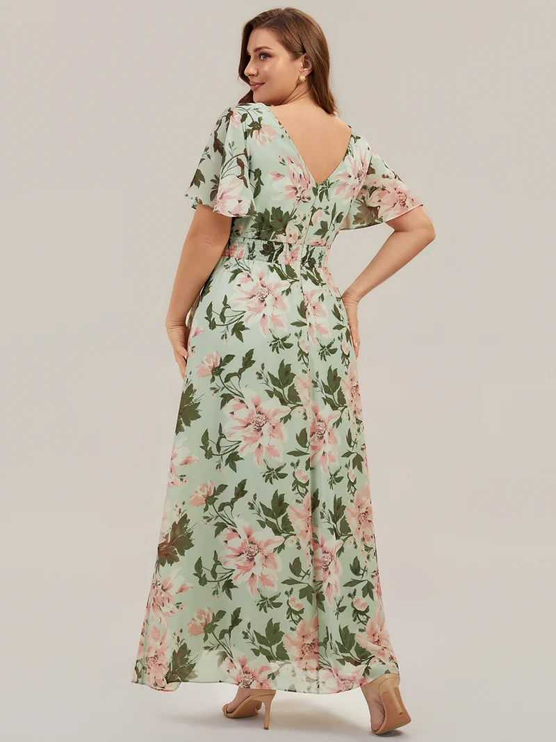 Robe fleurie asymétrique pour demoiselle d'honneur à col V et manches volantées