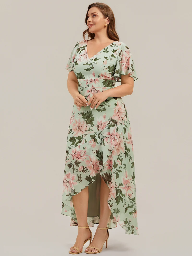 Robe fleurie asymétrique pour demoiselle d'honneur à col V et manches volantées